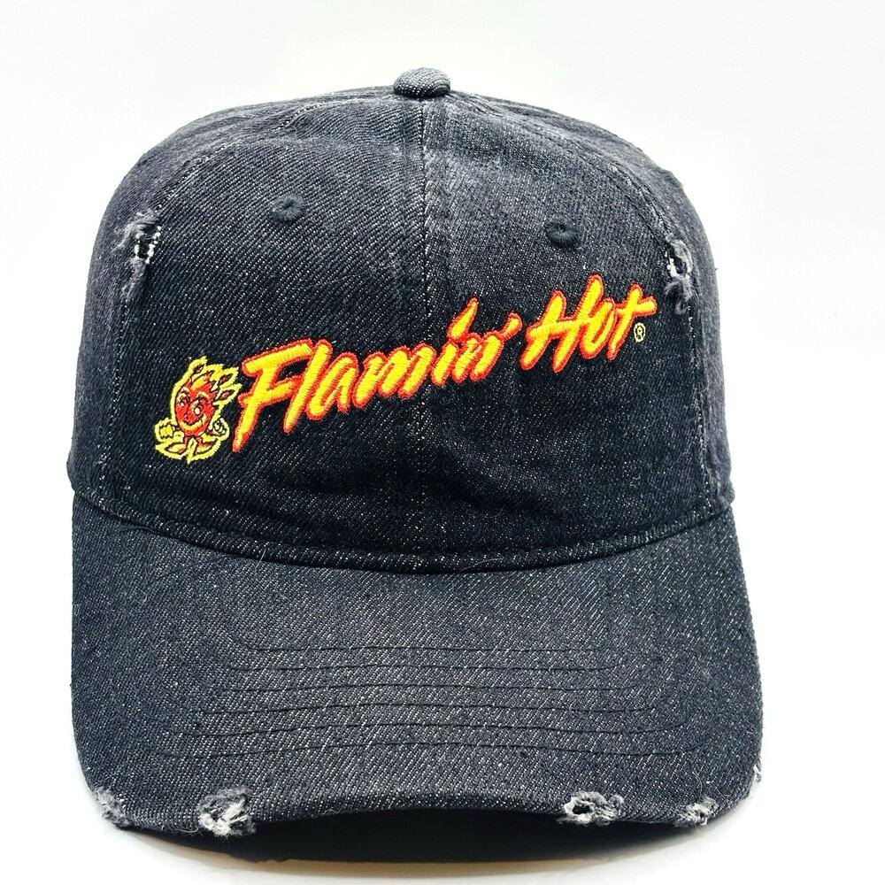 Flamin Hot Cheetos Strapback Cap Black Denim Distressed Dad Hat